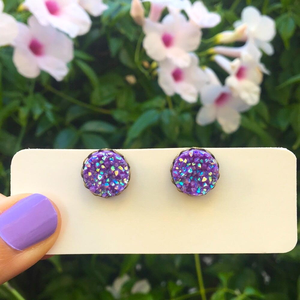 Iridescent Lilac Aurora Borealis Druzy + Antique Brass Filigree Earrings - Picture 6 of 9